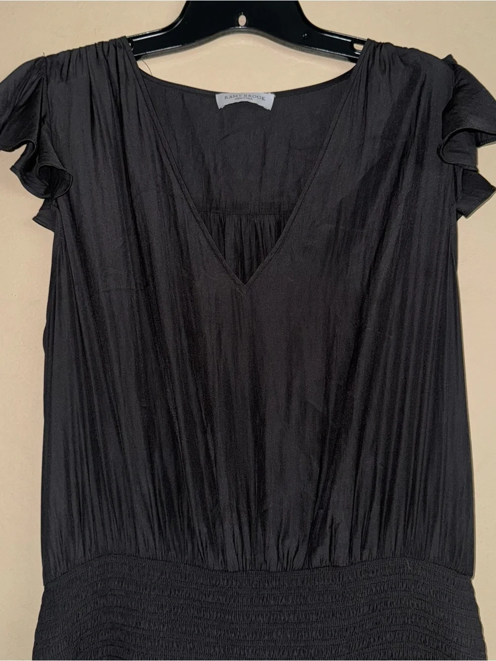 RAMY BROOK Black V Neck Smock Waist Midi Flutter Sleeve Satin Dress Size L